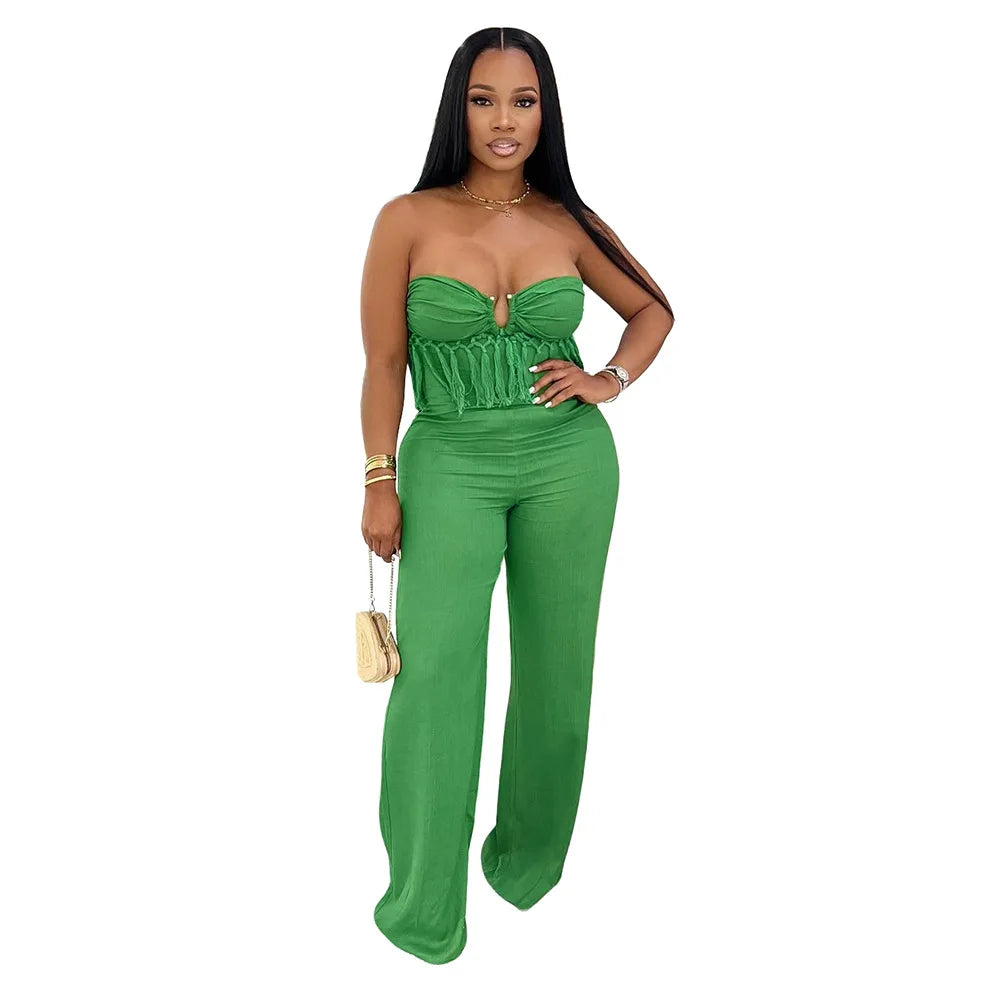 Tassel Fringe Design Strapless Sleeveless Tube Top Solid Color Women's Jumpsuit