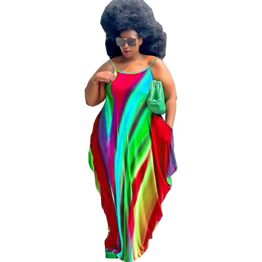 Rainbow Striped Colorblock Ruched Ruffled Sleeveless Print Harem Maxi Dress to 5X Plus Size