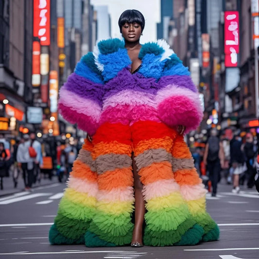 Ruffled Oversized Rainbow Striped Colorblock Hip-Hop Women's Trenchcoat to 3X Plus Size