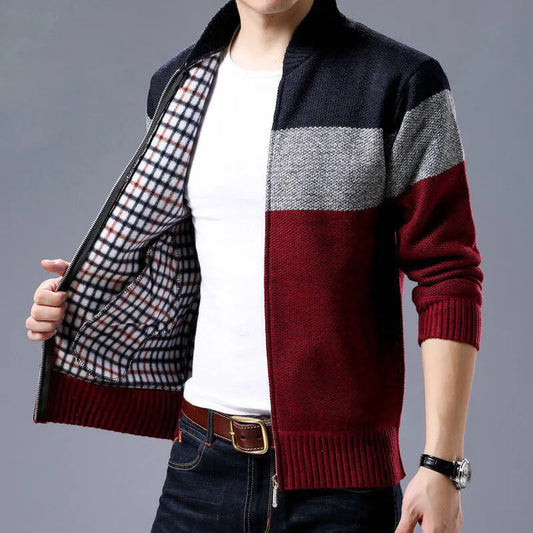 Men's Colorblock Stand Collar Zipper Cardigan Sweater Bomber