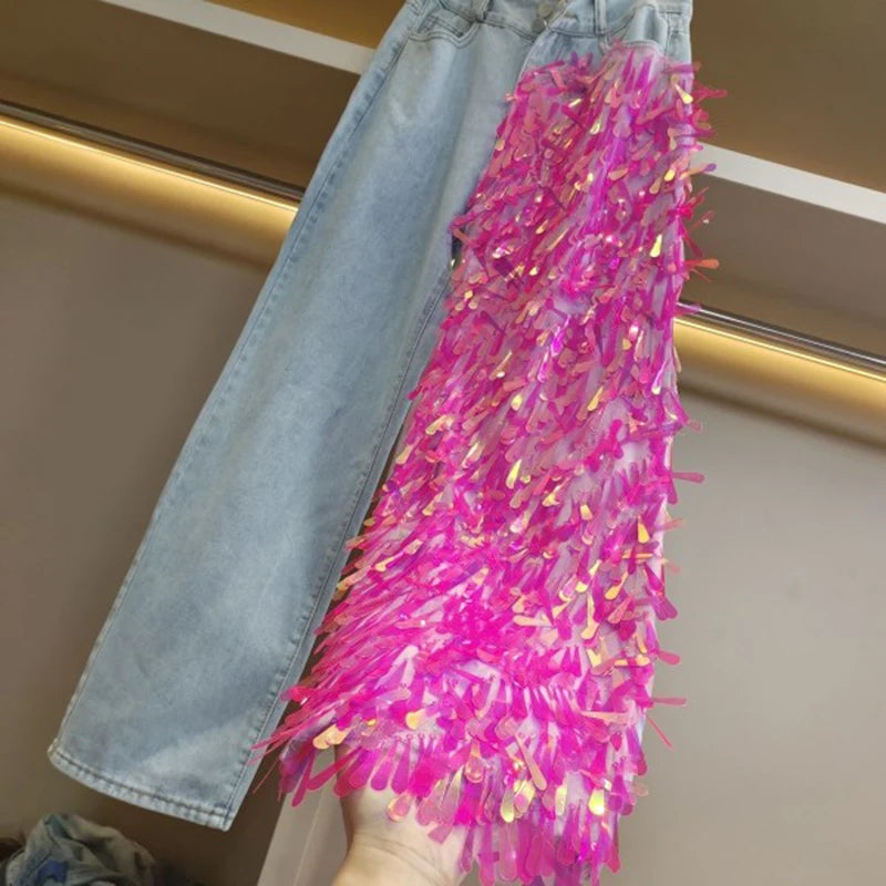 Colorblock Hot Pink Streetwear Sequin Spliced Women's Denim Jeans