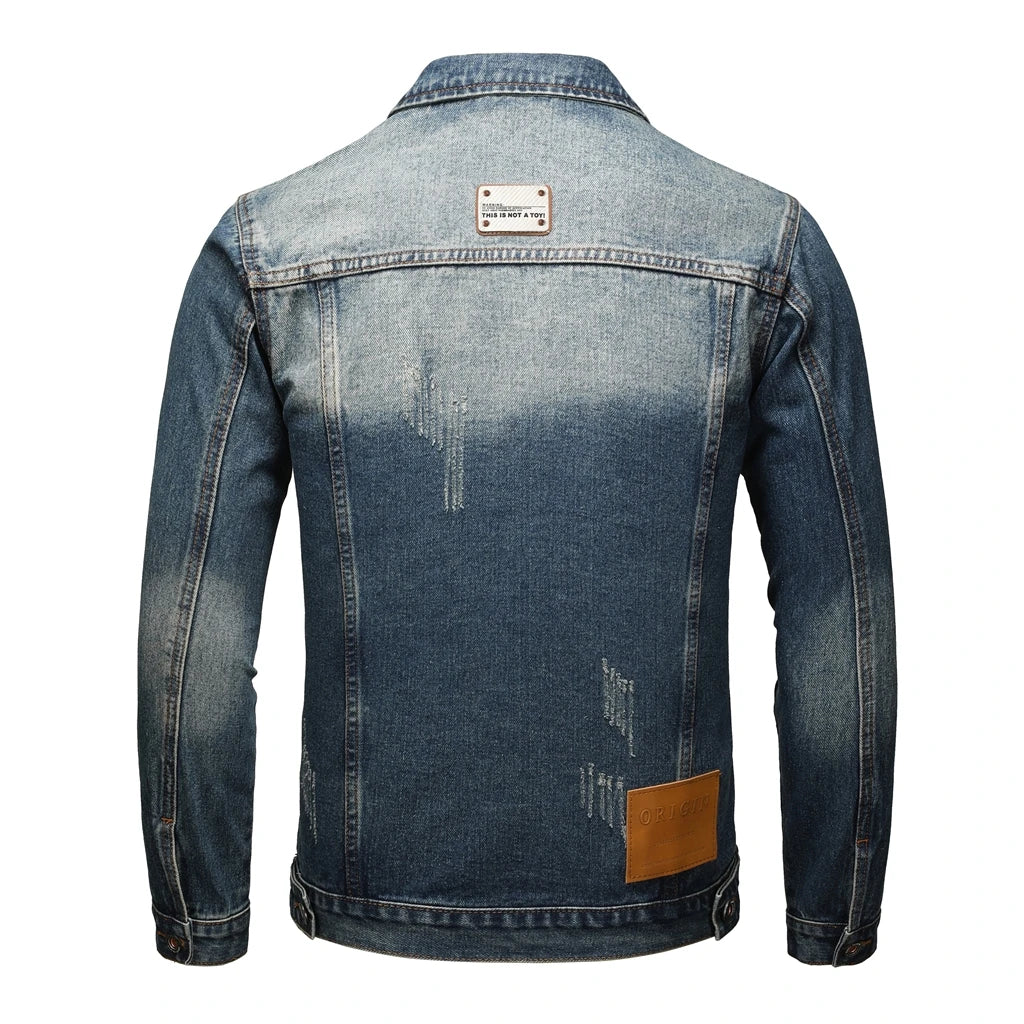 Men's Denim Patchwork Design Washed Gradient Colorblock Hip-Hop Streetwear Jean Jacket