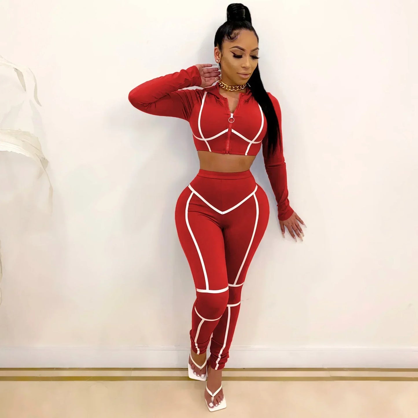 Striped Bandage Women's O-Neck Cropped Zipper Jacket + Sweatpants Tracksuit
