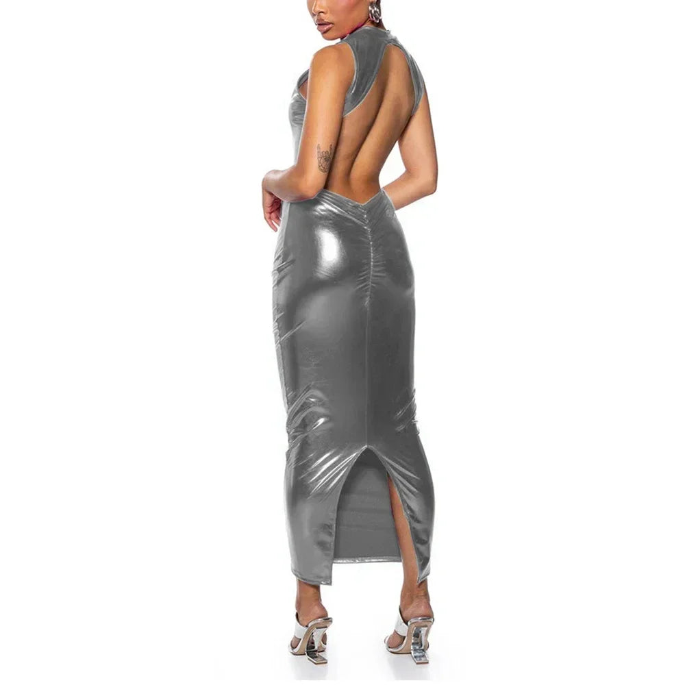 Shiny PU Leather Metallic Backless Sleeveless High Back Slit Bodycon Formal Maxi Party Dress to 3X Plus Size