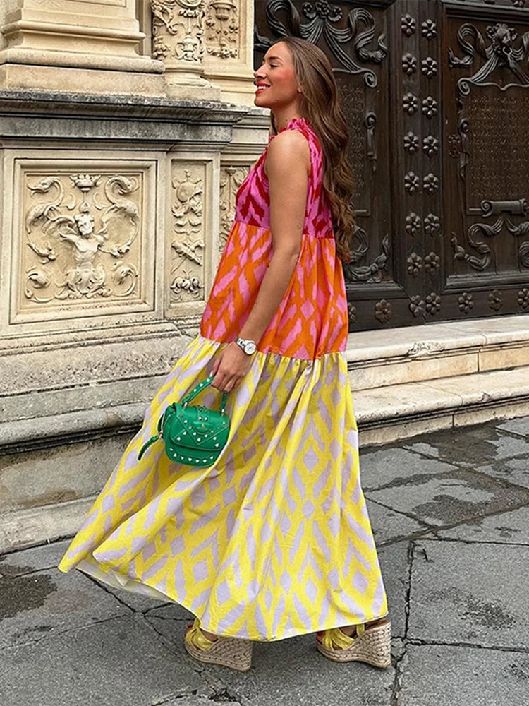 Geometric Colorblock Patchwork Printed Round Neck Sleeveless Big Swing Maxi Dress