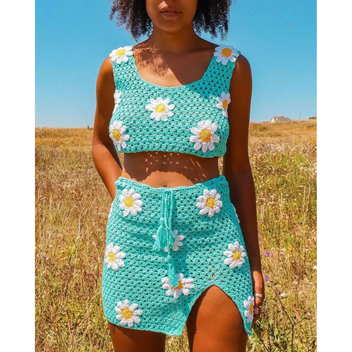 Crochet Big Flower Pattern Knitted Women's Sweater Tank Top + Drawstring Mini Skirt 2-Piece Set