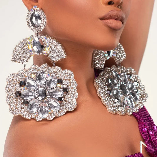 Geometric Crystal Oversized Rhinestone Flower Drop Earrings