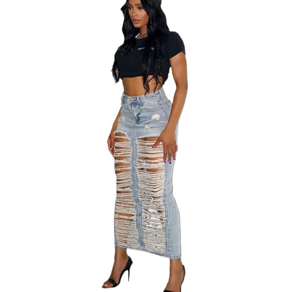 Tassels Ripped Hollow-Out Split Washed Denim Maxi Skirt