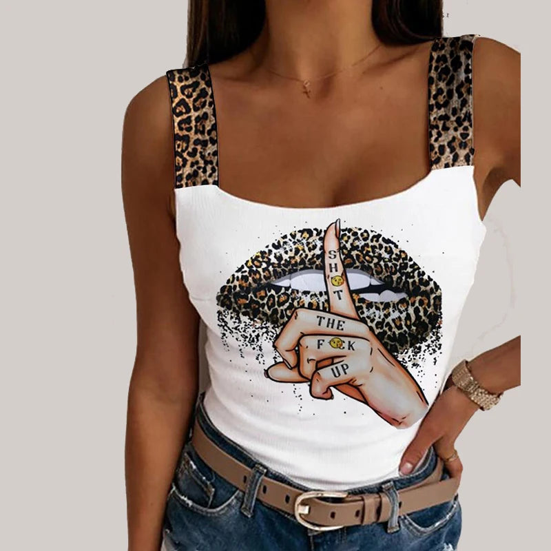 Women's Leopard Strap Lips Print Sleeveless Streetwear Tank Tops