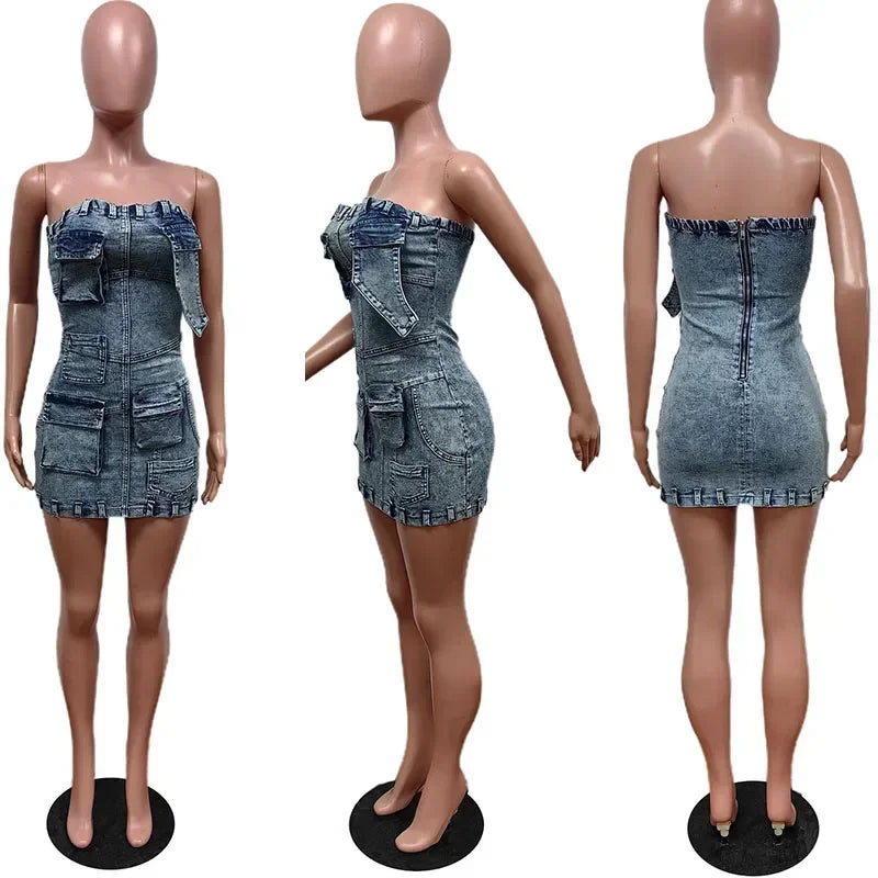 Denim Light Blue Washed Faded  Sleeveless Tube Top Design Cargo Pocketed Streetwear Mini Jean Dress