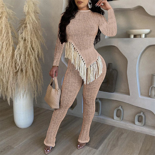 Tassel Long Sleeve Irregular Top + High Waist Leggings Knitted 2-Piece Set