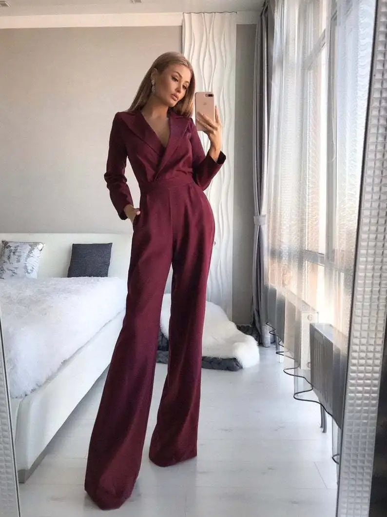 Solid Color Deep V-Neck Formal Office Loose Long Sleeve Wide Leg Pants Jumpsuit