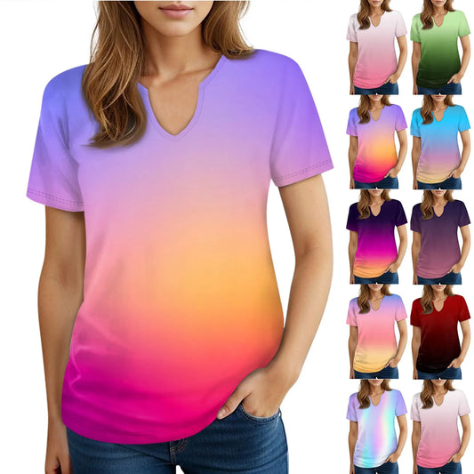 Gradient Rainbow Ombre Short Sleeve Loose Scoop V-Neck Women's T-Shirt