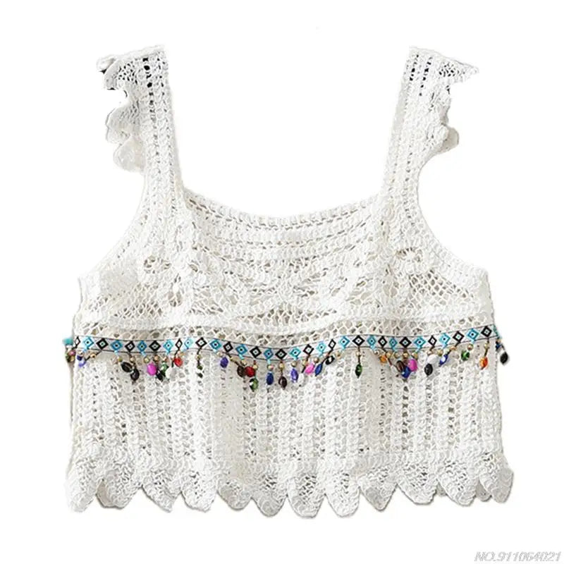 Crochet Multi-Colored Square Flower Design Knitted Square Neck Women's Sleeveless Cropped Tank Top
