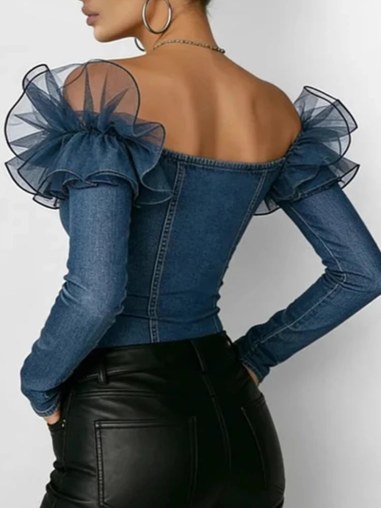 Denim Mesh Ruffled Off-the-Shoulder Women's Long Sleeve Button Front Jean Shirt