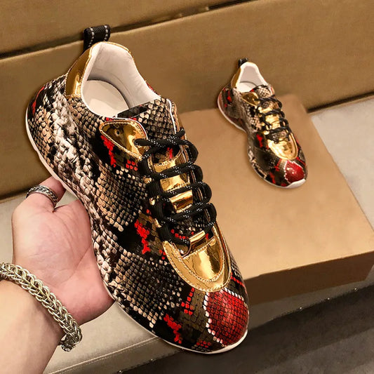 Metallic Gold/Red/Brown Real 100% Leather Snake Print Men's Sneakers