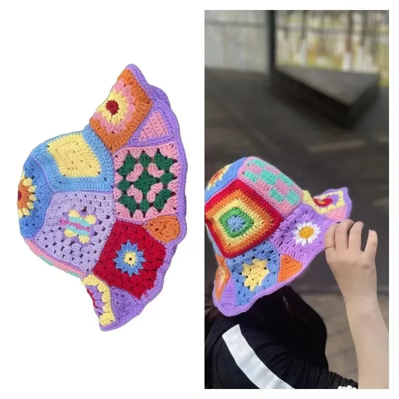 Handmade Knitted Crochet Large Brim Patchwork Flower Design Yarn Hook Needle Fisherman's Bucket Hat