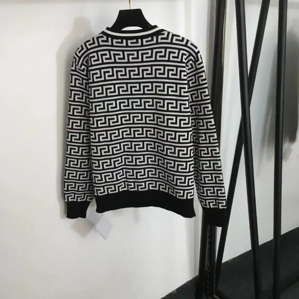 Geometric Colorblock Print Knitted Women's Open Cardigan Sweater + Matching Tank Vest Top + High Waist Wide Leg Pants 3-Piece Set