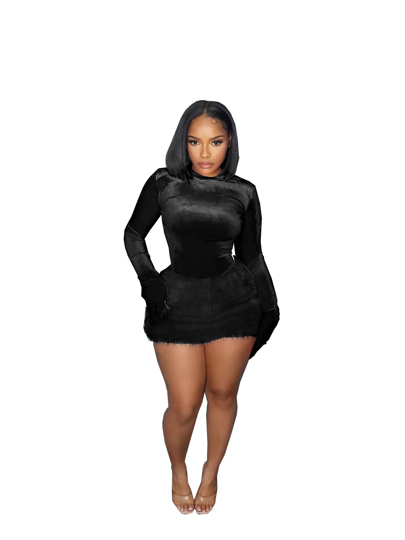 Velvet Long Sleeve Solid Color Women's Bodysuit+ Faux Fur Mini Skirt 2-Piece Set