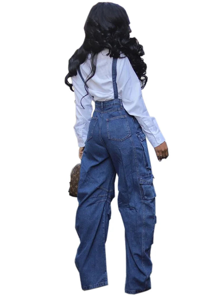 Denim Blue Women's Cargo Multi-Pocket Sleeveless Overall Jean Jumpsuit