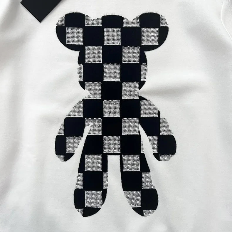 Men's O-Neck Rhinestone Checkered Teddy Bear Streetwear Sweatshirt