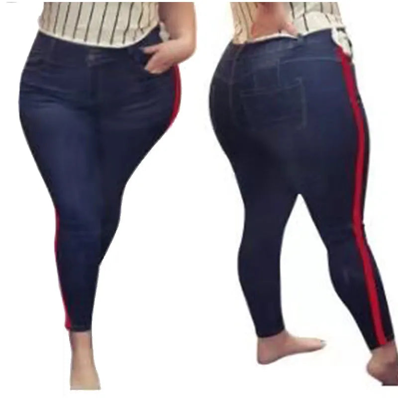 Plus Size Side Stripe Pencil Pants Patchworked High Waist Jeans 4X