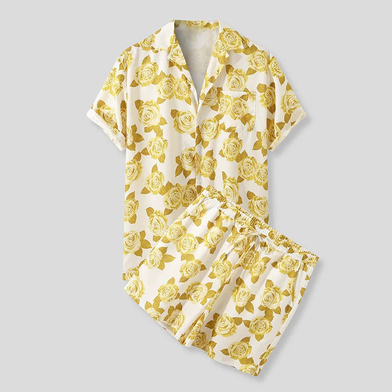 Men's Turn-Down Collar Short Sleeve Button-Up Hawaiian Shirt + Shorts 2-Piece Set