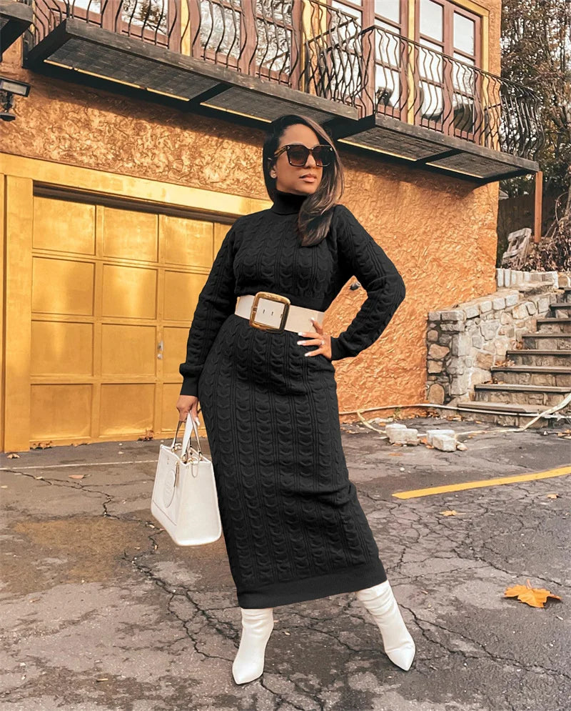 Turtleneck Knitted Weave Pattern Ribbed Sweater Long Sleeve Maxi Dress w/ Belt