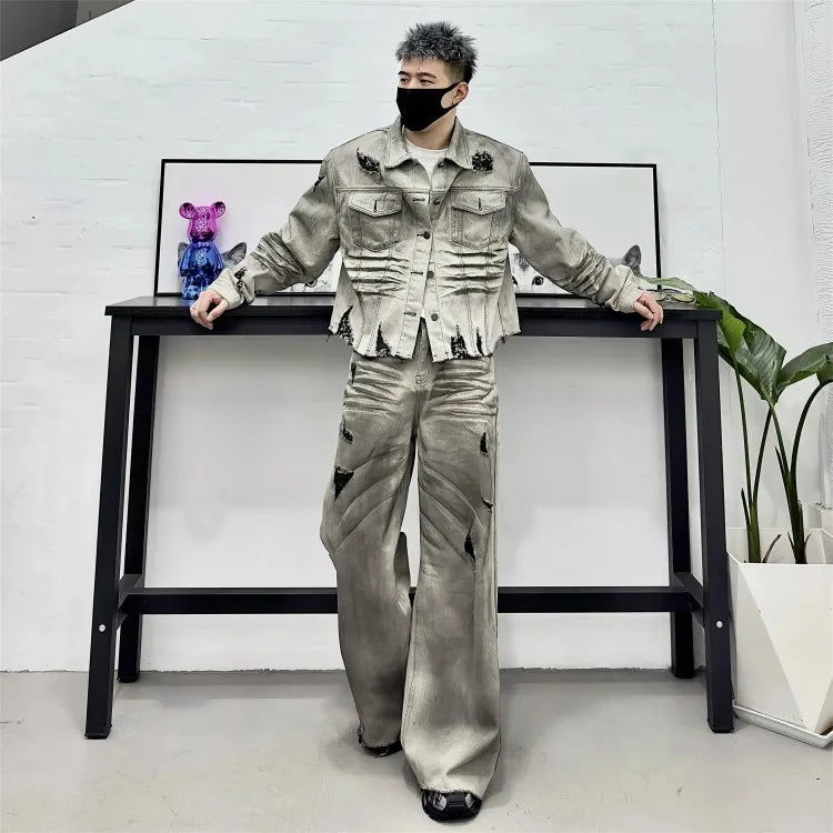 Men's Ripped Grey Gradient Washed Denim Cargo Pocketed Jean Jacket + Loose Wide Leg Jeans Matching Set