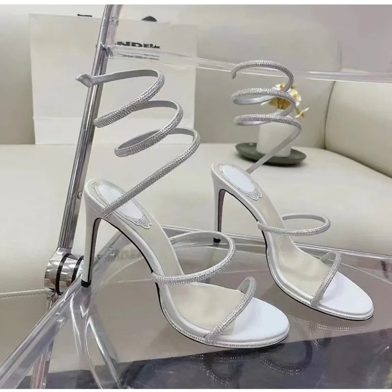 Spiral Snake Twine Band Crystal Rhinestone Thin Stiletto Heel Gladiator Sandal Pumps