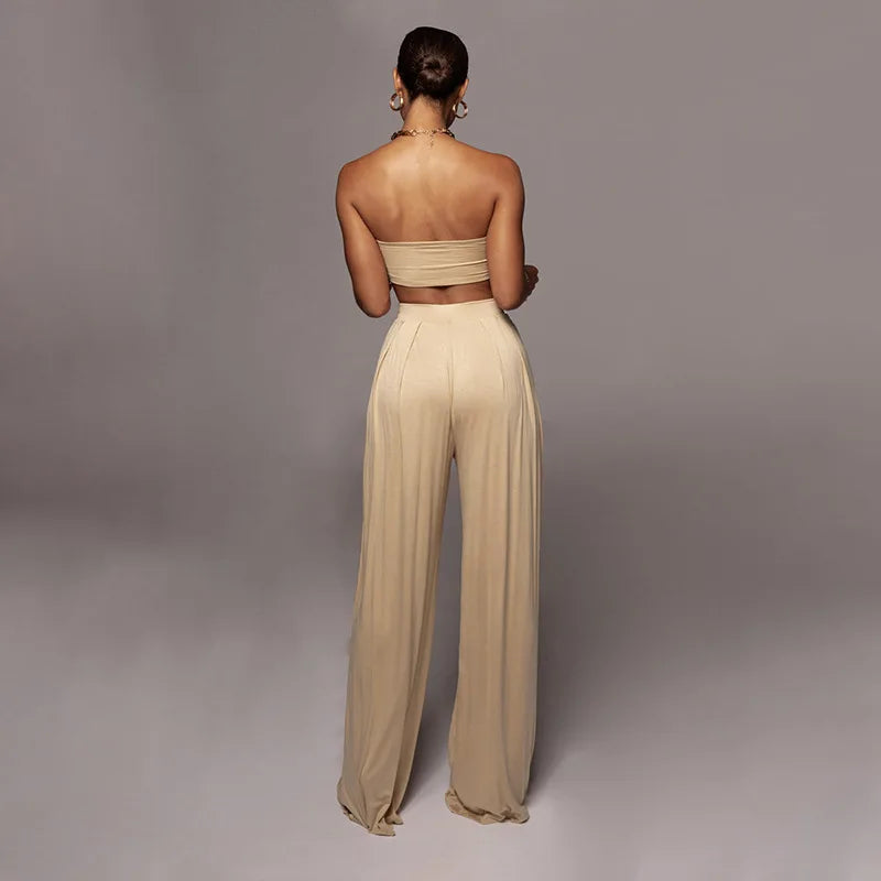 Sleeveless Bowknot Design Tube Top+ Wide Leg Pants Women's Solid Color 2-Piece Set