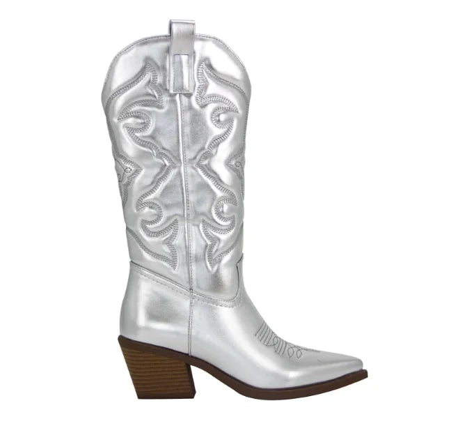 Western Embroidered Pointed Toe Side Zipper Stacked Heel Cowgirl Boots