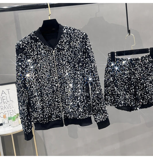 Sequin Glitter Sparkling Women's O-Neck Long Sleeve Bomber Jacket + Mini Shorts 2-Piece Set