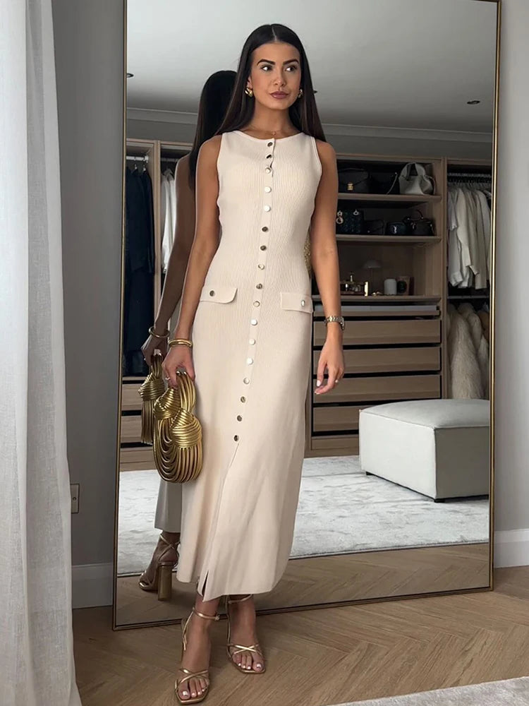Ribbed Sleeveless Knitted O-Neck Button-Up Sleeveless Single Breasted Double Pocket Design Bodycon Sweater Dress