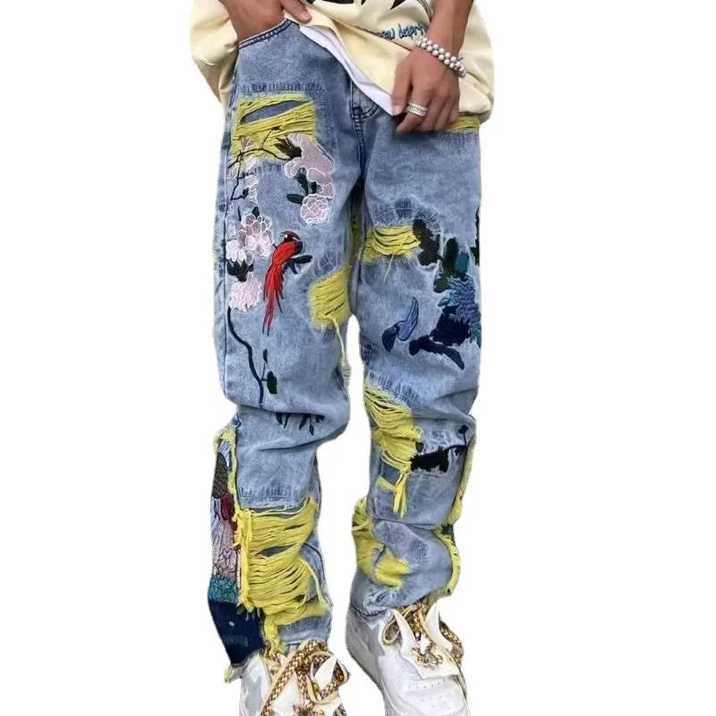 Streetwear Baggy Stacked Ripped Graphic Embroidered Hip Hop Jeans
