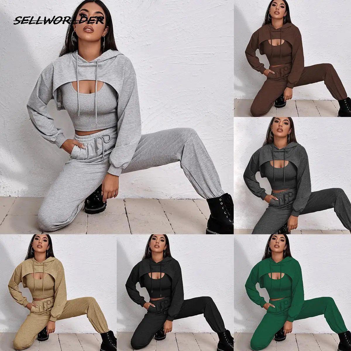 Cut-Out Pullover Hoodie Sweatshirt + Sweatpants Ladies 2-Piece Set