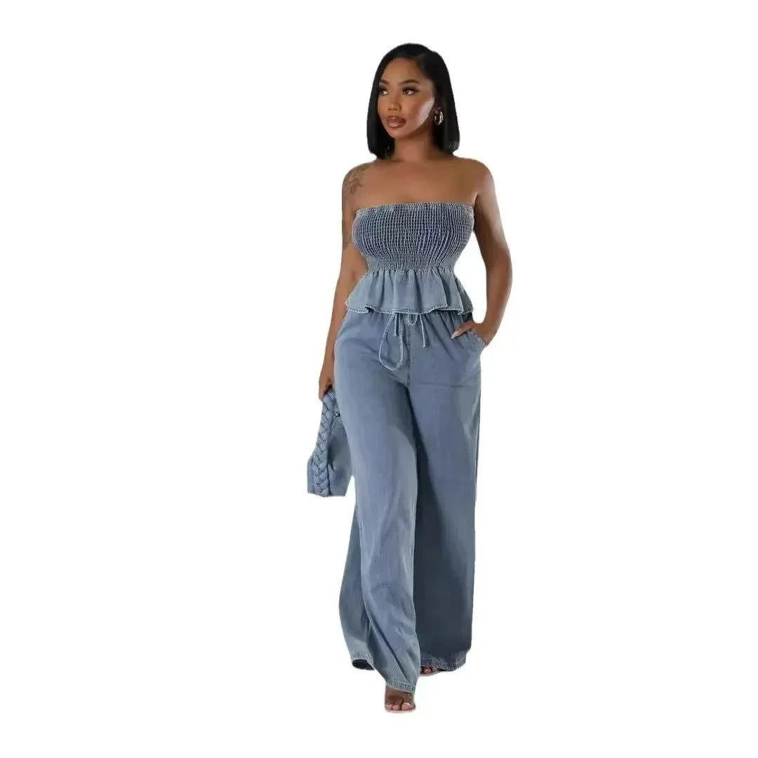 Denim Ruffled Trim Stretch Tube Top + Drawstring Elastic Waist Wide Leg Pants 2-Piece Set
