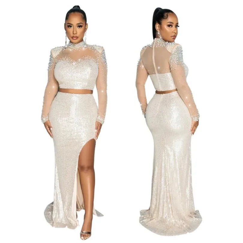 Sequin Heart Corset Long Sleeve O-Neck Top + High Slit Maxi Skirt Formal 2-Piece Sets