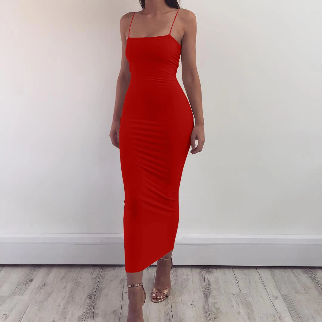 Solid Color Camisole Backless Slash Neck Spaghetti Strap Bodycon Maxi Dress