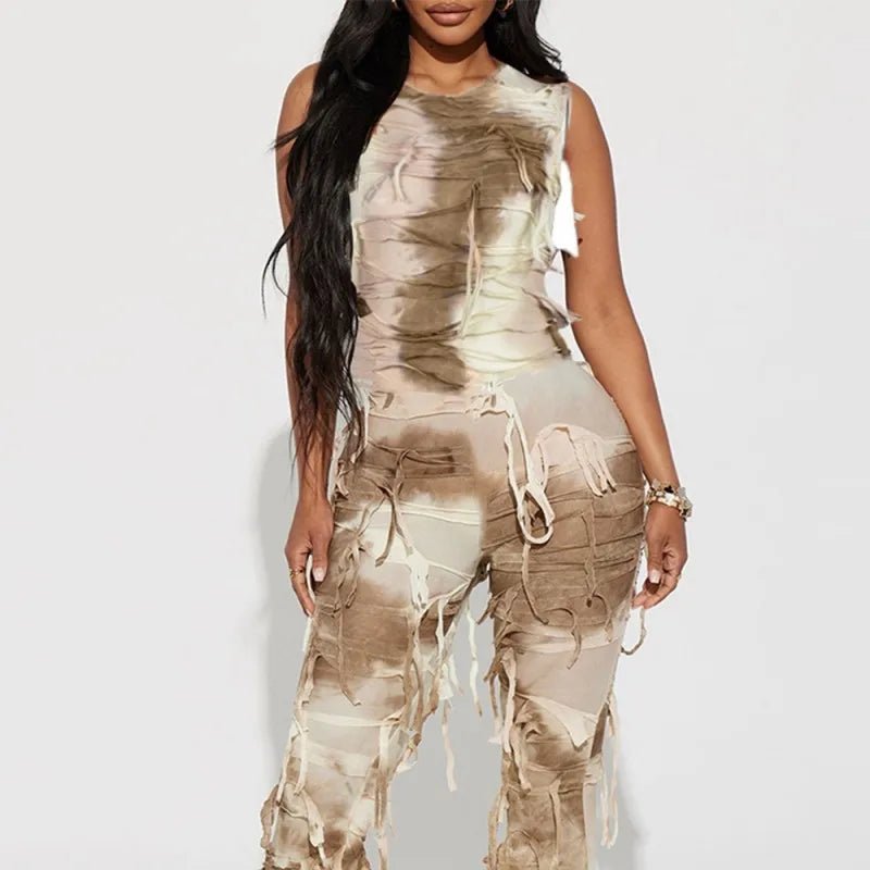 Tassel Design Tie-Dye Fringe Streetwear Bodycon Skinny Sleeveless Knitted Jumpsuit