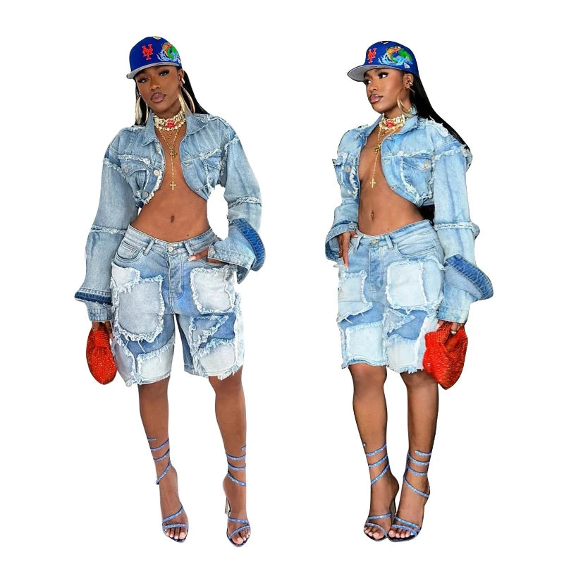 Denim Turn-Down Collar Cropped Jean Jacket + Ripped Colorblock Knee Length Shorts Women's 2-Piece Set