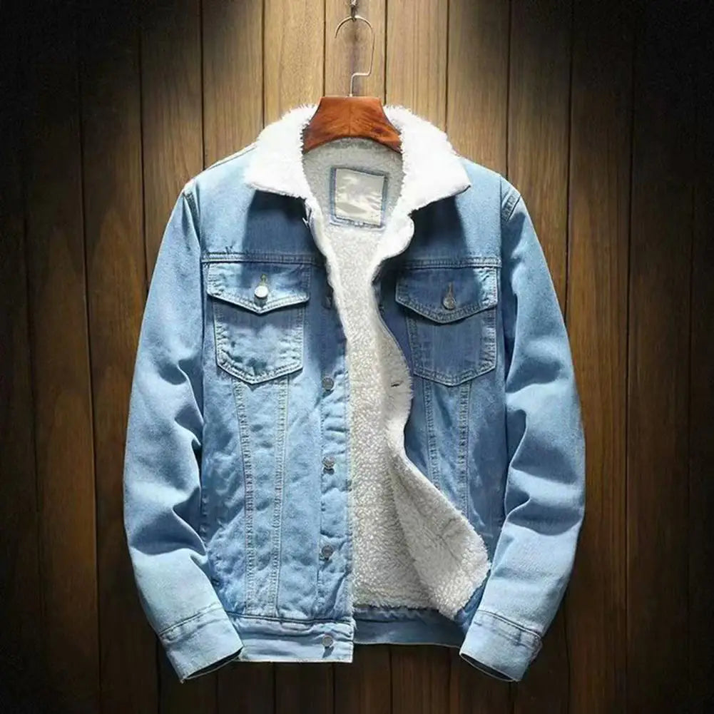 Men's Cashmere Lined Solid Single Breasted Denim Jean Jacket