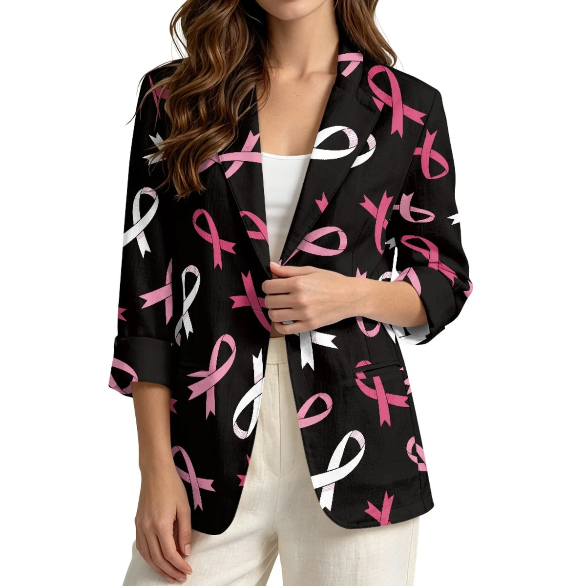 Breast Cancer Ribbon Print Linen Women's Open Front Blazer Jacket to 3X Plus Size