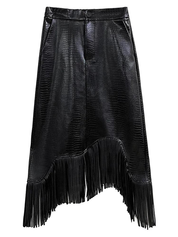 Black Elastic Waist PU Leather Tassels Irregular Midi Skirt