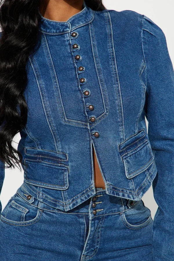 Denim Blue Mandarin Collar Women's Crop Jean Jacket + Jeans Matching 2-Piece Set