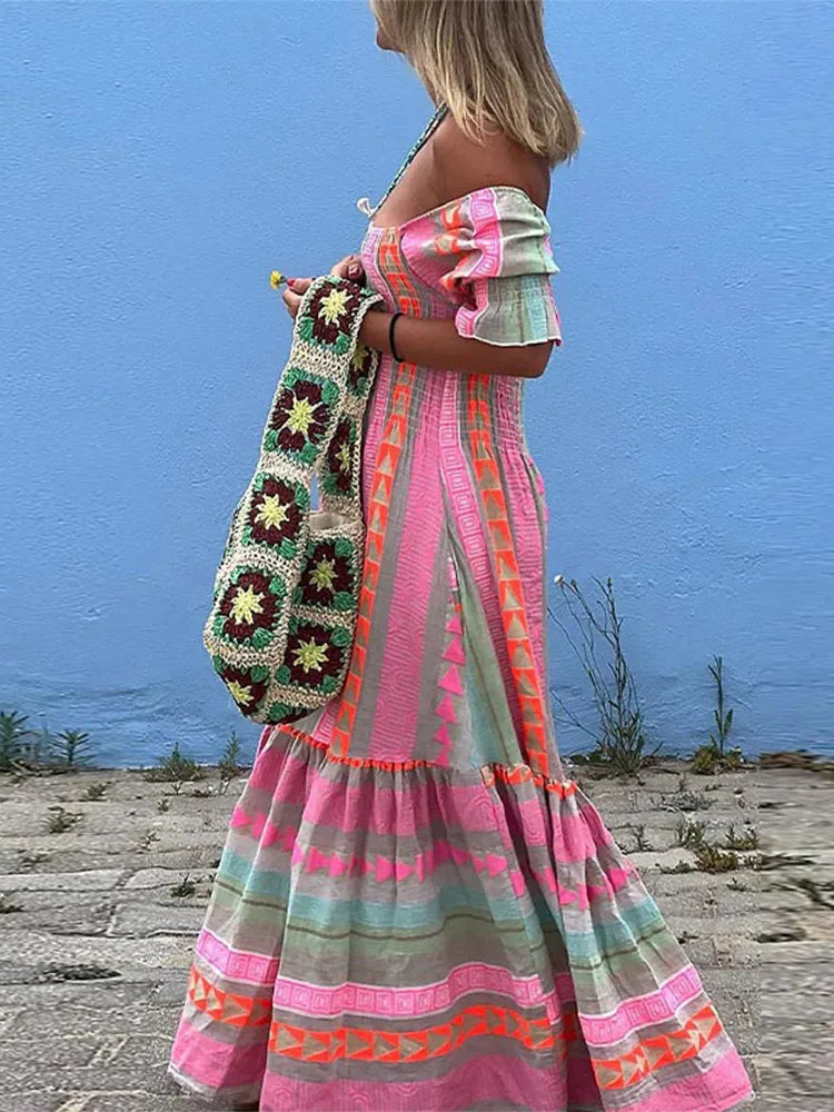 Pastel Rainbow Striped Boho Ruffled Long Sleeve Off-the-Shoulder Backless Maxi Dress