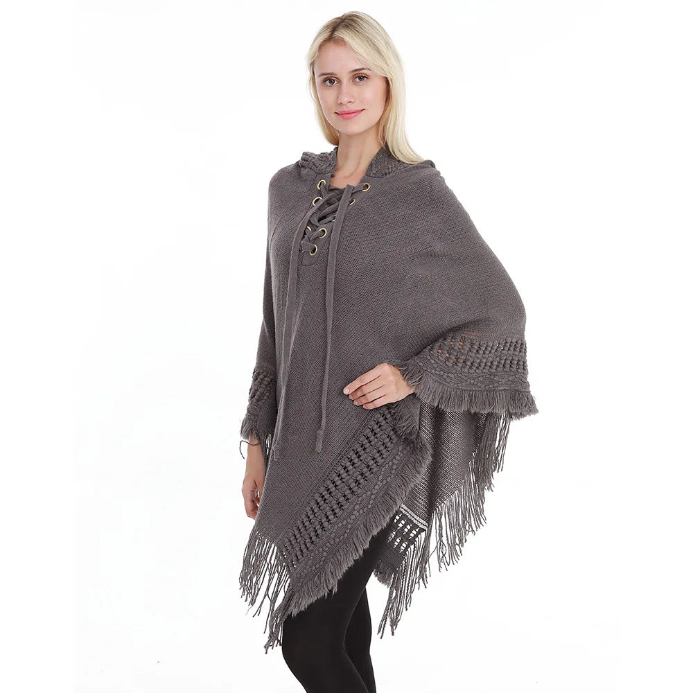 Fringe Tassel Women's Knitted Hooded Crochet Shawl Wrap Sweater