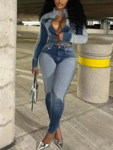 Denim Light/Dark Blue Colorblock Women's Zipper Cropped Jean Jacket + Skinny Jeans 2-Piece Set