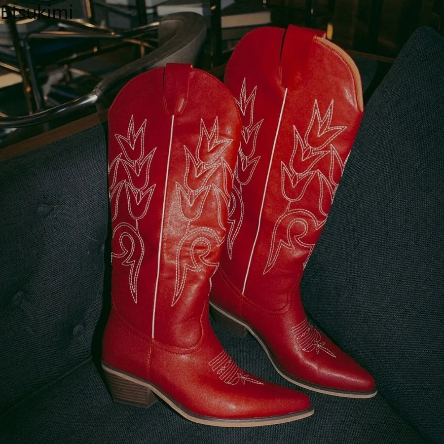 Embroidered Western Knee-High Women's Size Zipper Cowgirl Chunky Heel Platform Boots