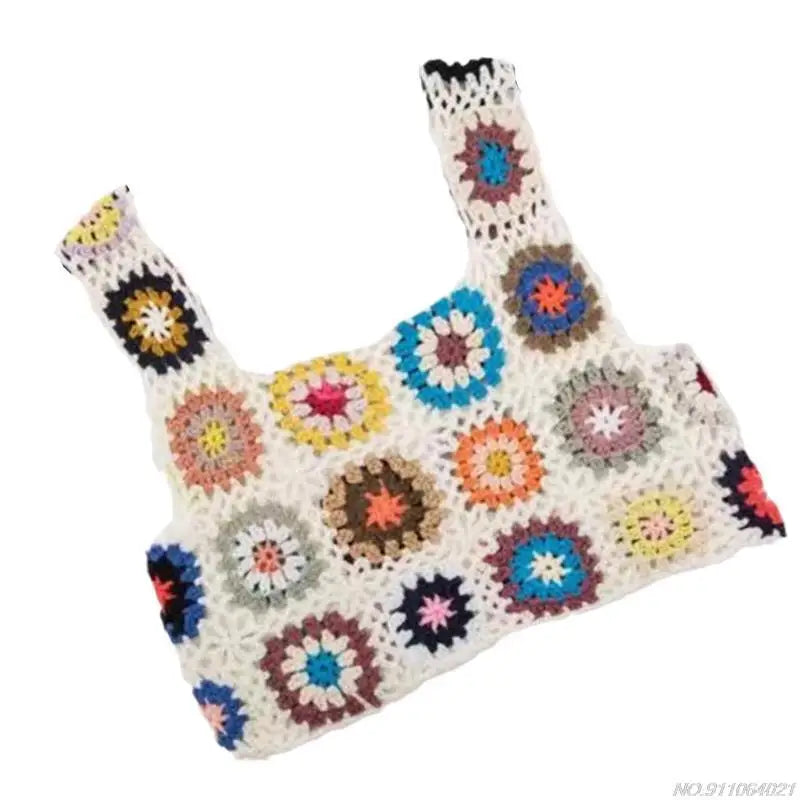 Crochet Multi-Colored Square Flower Design Knitted Square Neck Women's Sleeveless Cropped Tank Top